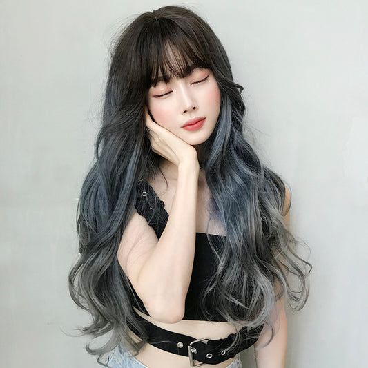 Women's Hair Big Wave Gradient Blue Gray Popular Full Top Wig Long Curls