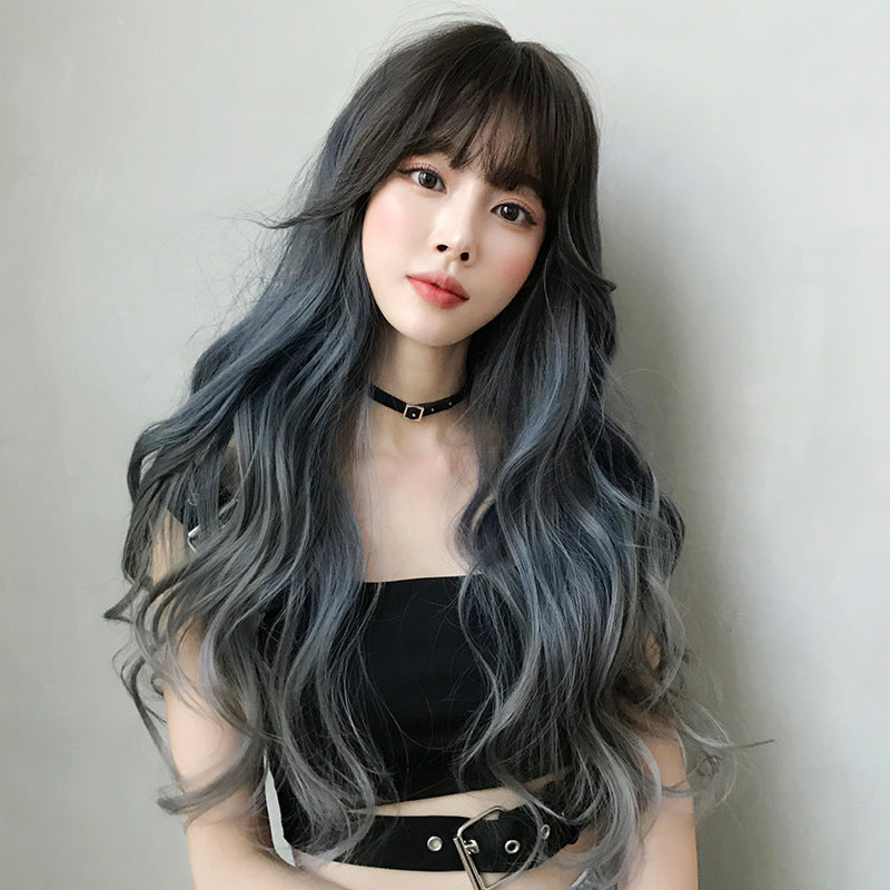 Women's Hair Big Wave Gradient Blue Gray Popular Full Top Wig Long Curls