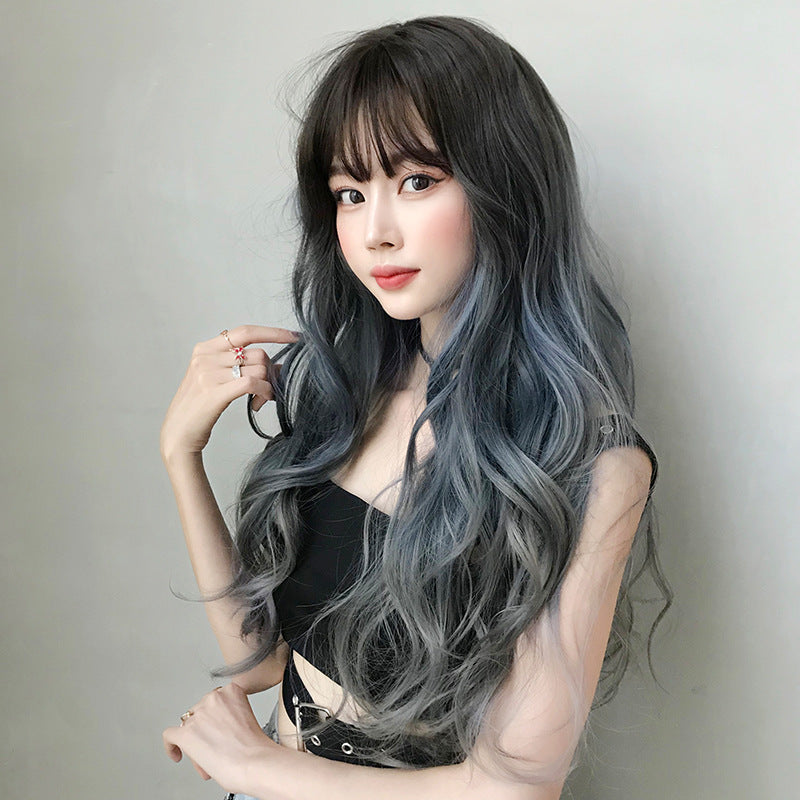 Women's Hair Big Wave Gradient Blue Gray Popular Full Top Wig Long Curls
