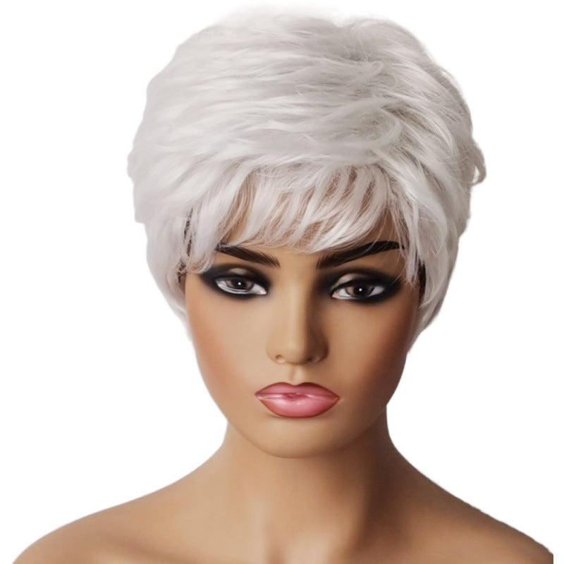 Women's Sier White Side Bangs Partial Points Wig Short Curly Hair