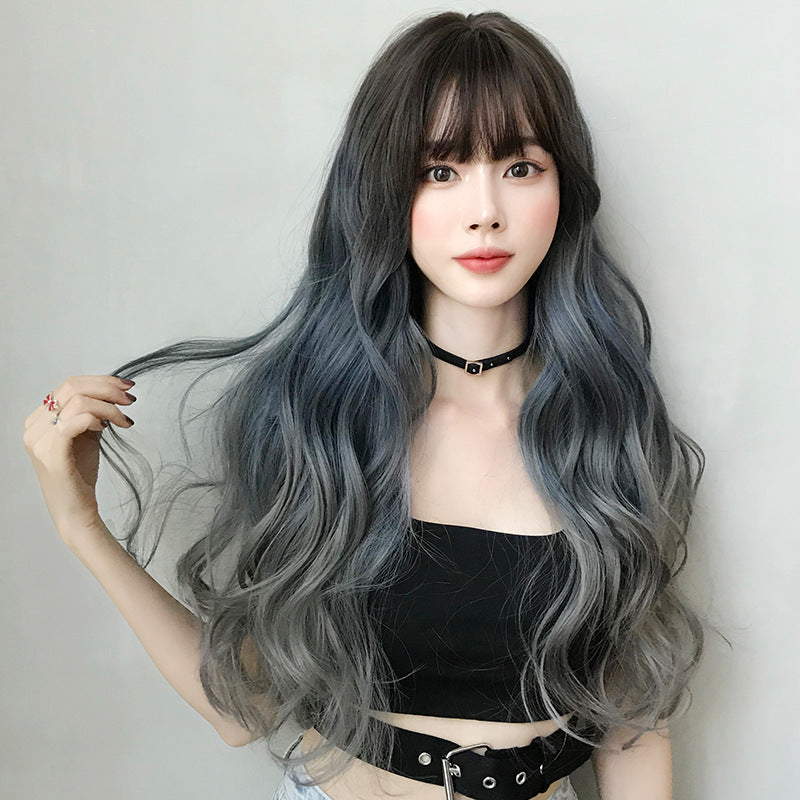 Women's Hair Big Wave Gradient Blue Gray Popular Full Top Wig Long Curls