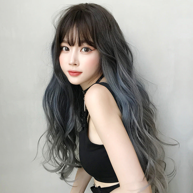 Women's Hair Big Wave Gradient Blue Gray Popular Full Top Wig Long Curls