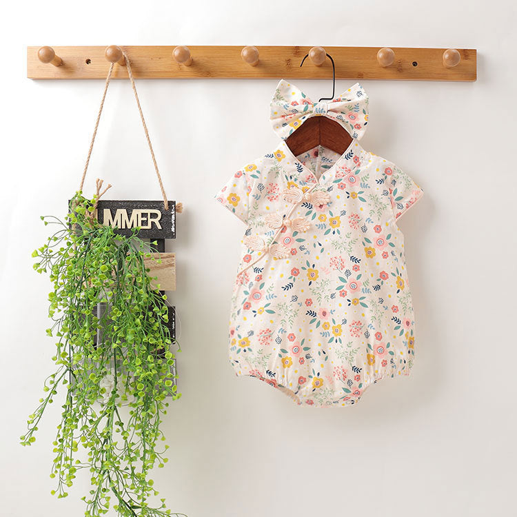 Korean Style Summer Rompers Floral Cheongsam Cotton Jumpsuit, Climbing Suit