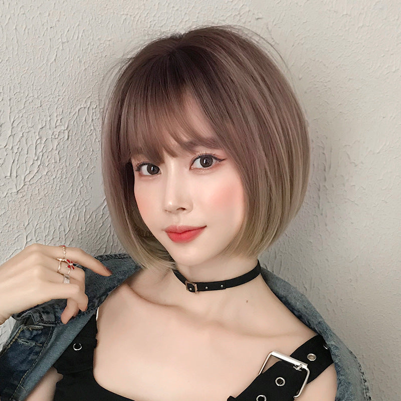 Women's Realistic Chemical Fiber Sheath Gradient Color Wig Short Straight Hair