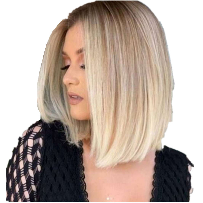Women's Head Gradually Golden Medium Fiber Wig Short Straight Hair