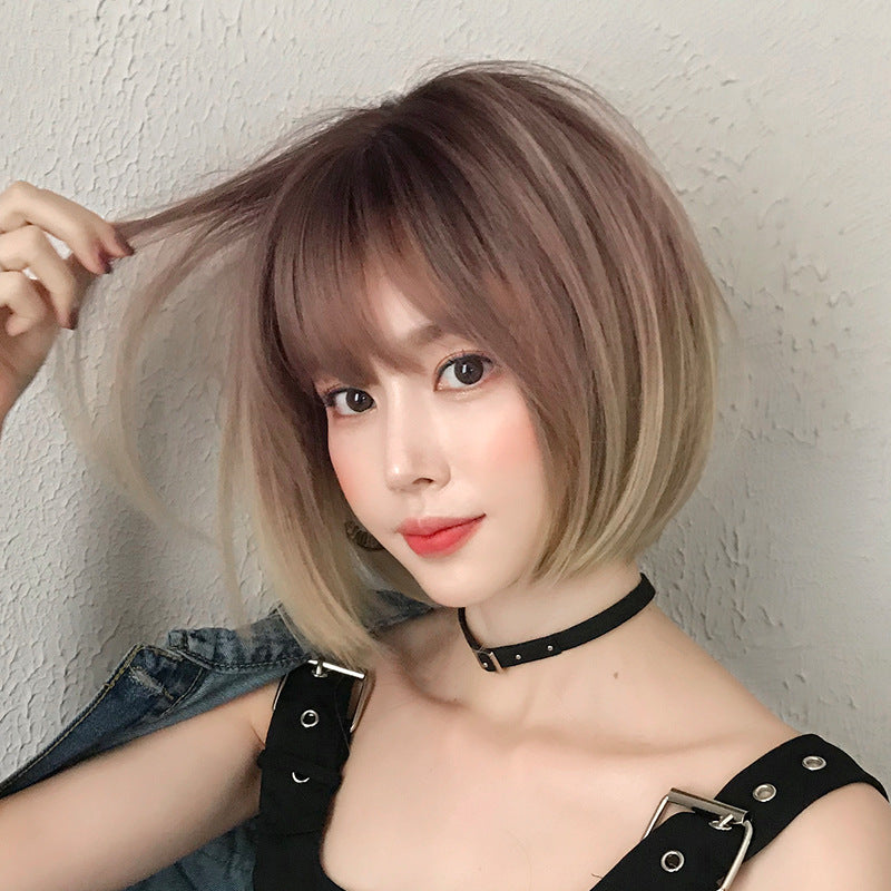 Women's Realistic Chemical Fiber Sheath Gradient Color Wig Short Straight Hair