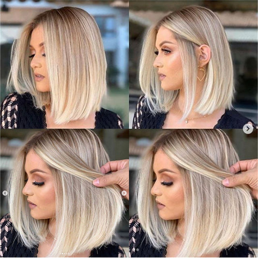 Women's Head Gradually Golden Medium Fiber Wig Short Straight Hair