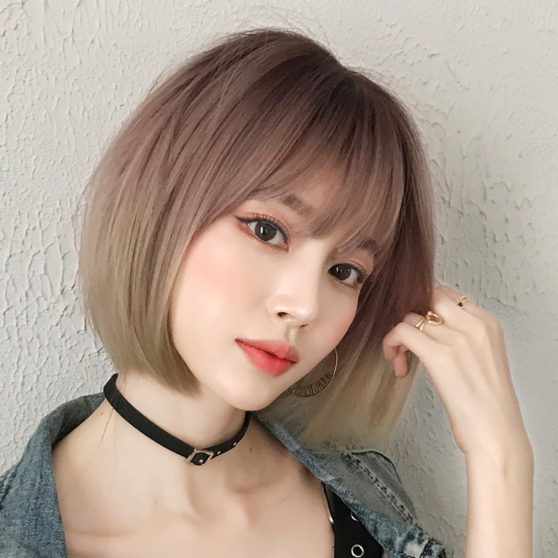 Women's Realistic Chemical Fiber Sheath Gradient Color Wig Short Straight Hair