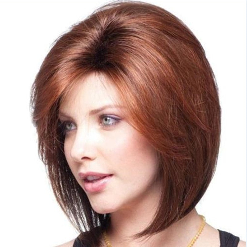 Red Partial Bangs Simulation Scalp Rose Net Wig Short Straight Hair