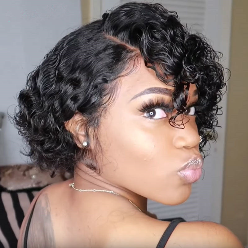 Women's Small Head Black Chemical Fiber Wrapped Wig Short Curly Hair