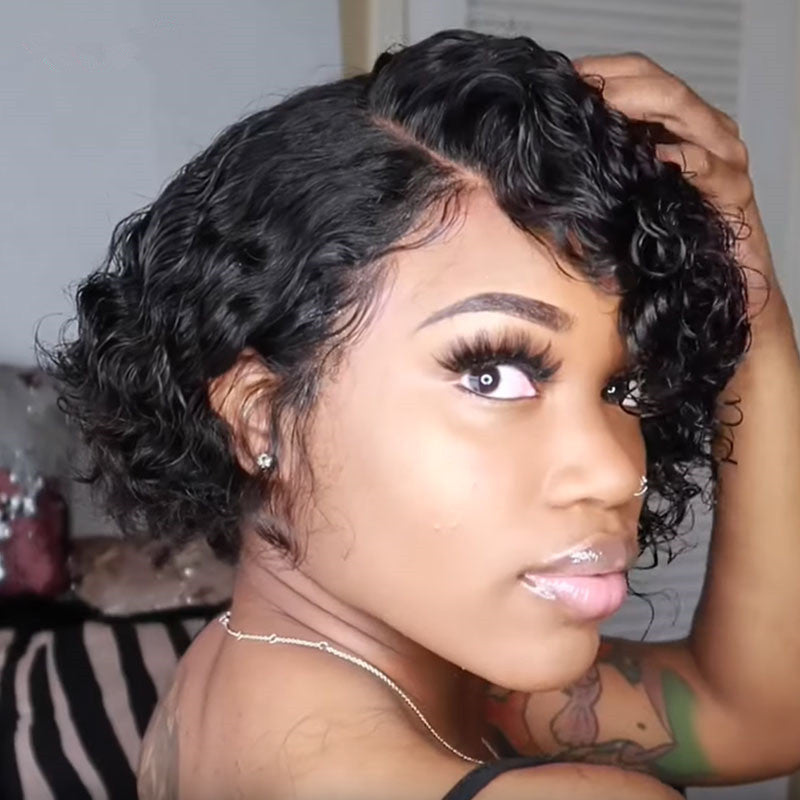 Women's Small Head Black Chemical Fiber Wrapped Wig Short Curly Hair