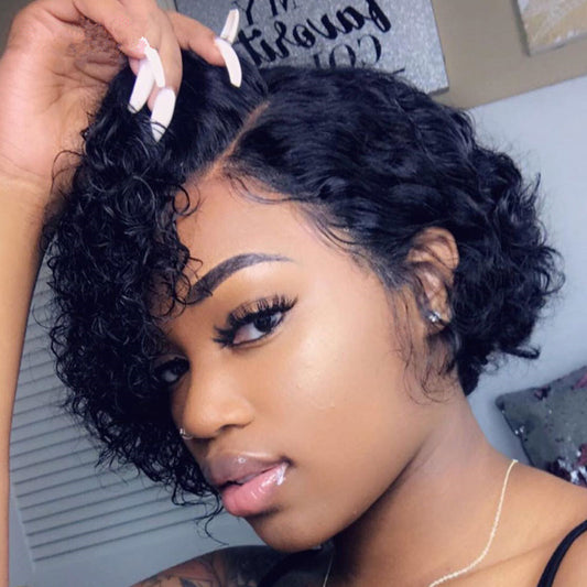 Women's Small Head Black Chemical Fiber Wrapped Wig Short Curly Hair