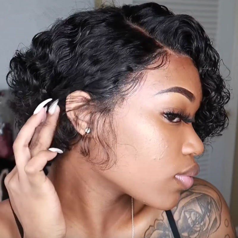 Women's Small Head Black Chemical Fiber Wrapped Wig Short Curly Hair