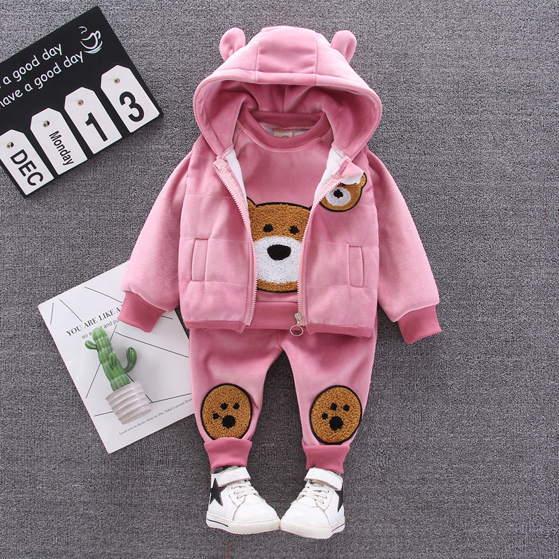 Children's Clothing Korean Style Cartoon Veet Bear Three-piece Boys Children's Suit