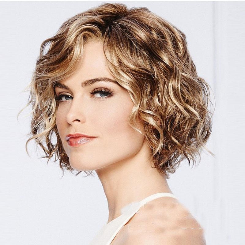 Women's Golden Split Side Bangs Elegant Fashion Wig Short Curly Hair