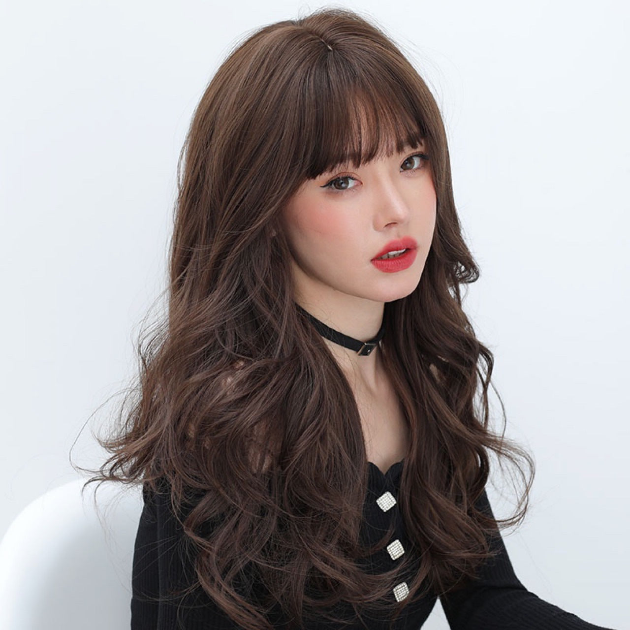 Women's Curly Hair Bangs Big Wave Lace Black Wig Long Curls