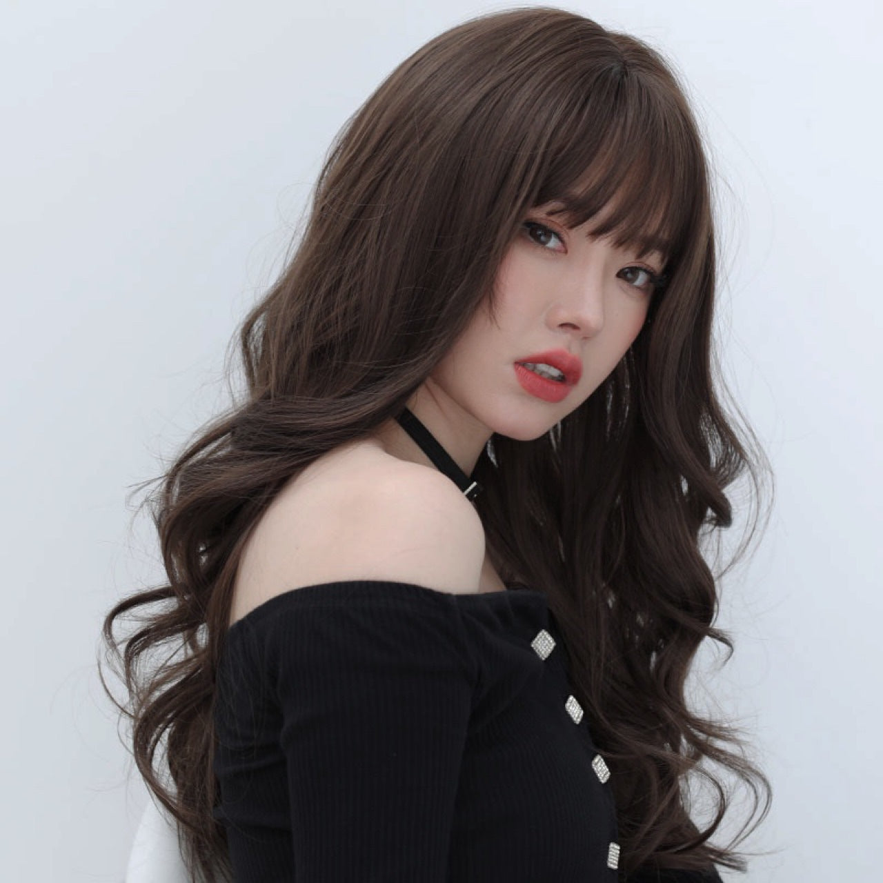 Women's Curly Hair Bangs Big Wave Lace Black Wig Long Curls