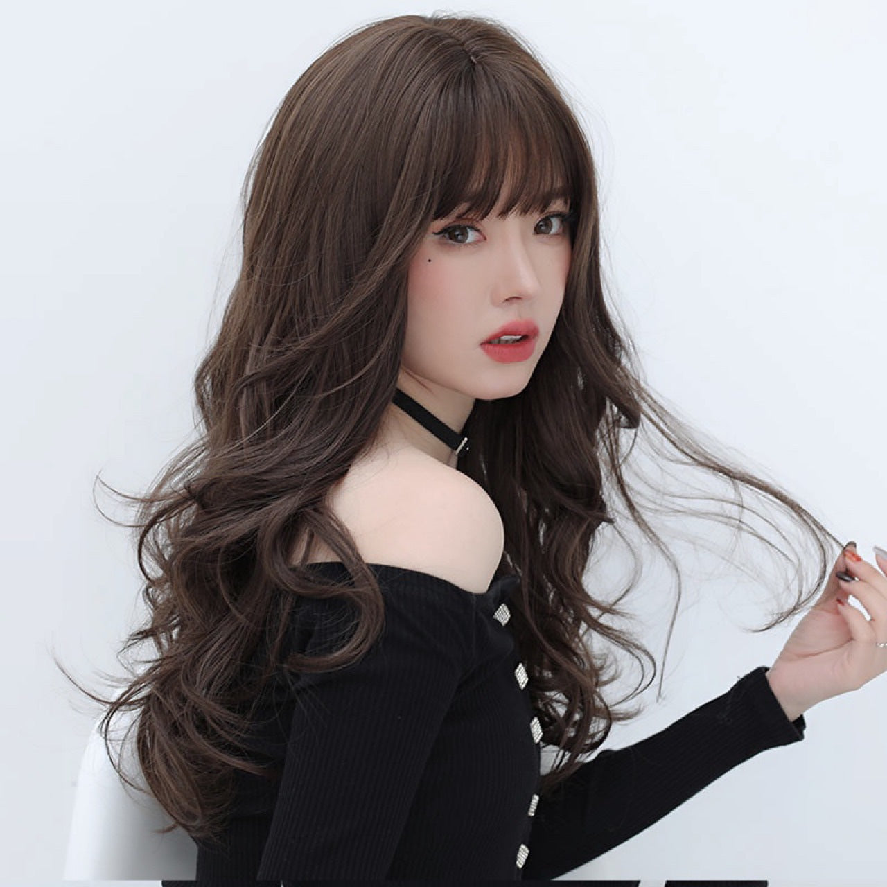 Women's Curly Hair Bangs Big Wave Lace Black Wig Long Curls