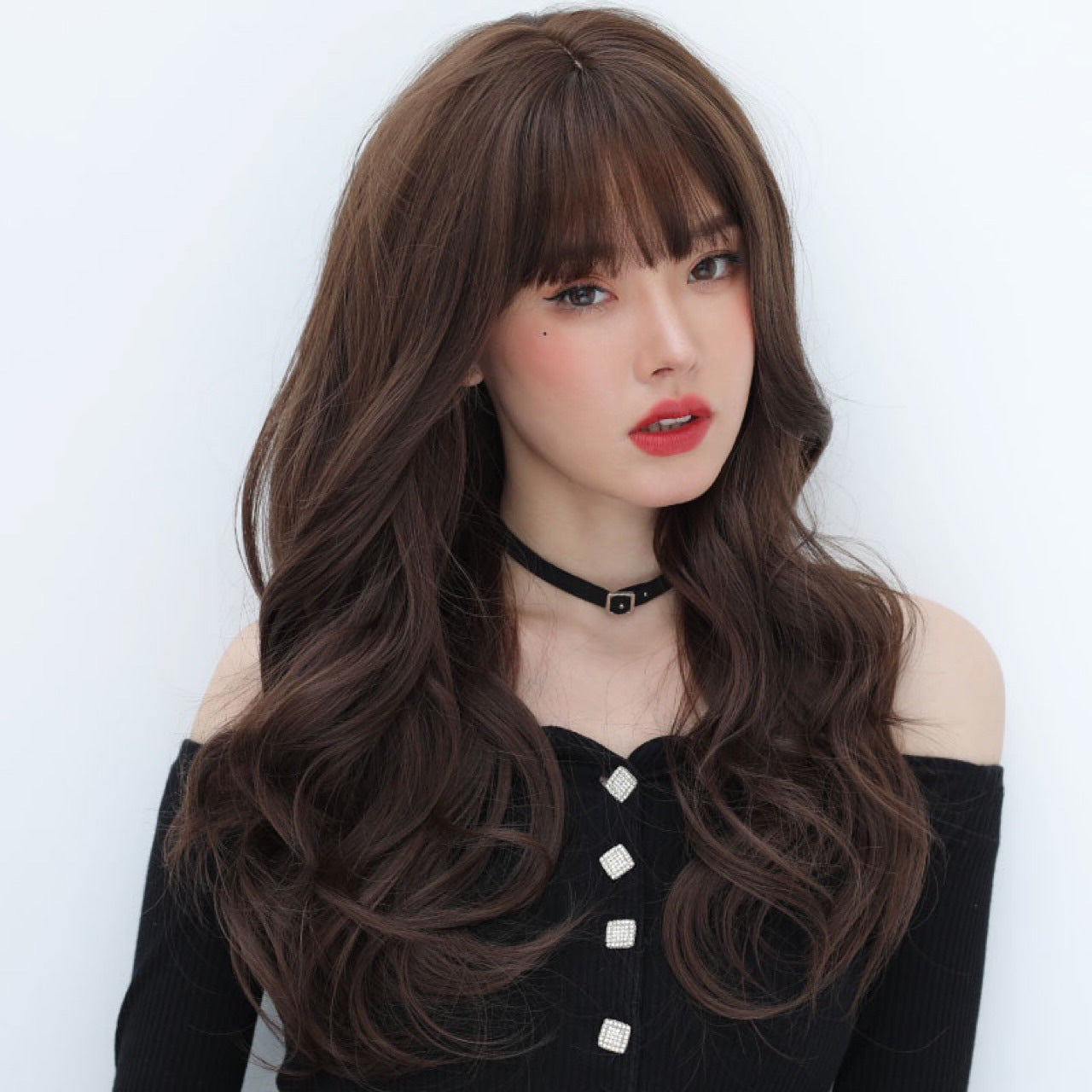 Women's Curly Hair Bangs Big Wave Lace Black Wig Long Curls