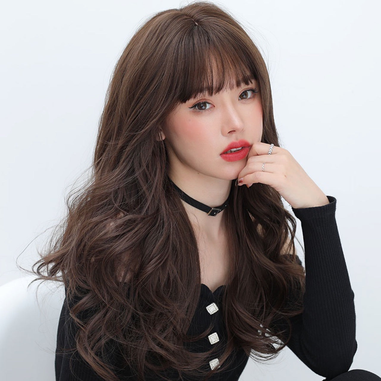 Women's Curly Hair Bangs Big Wave Lace Black Wig Long Curls
