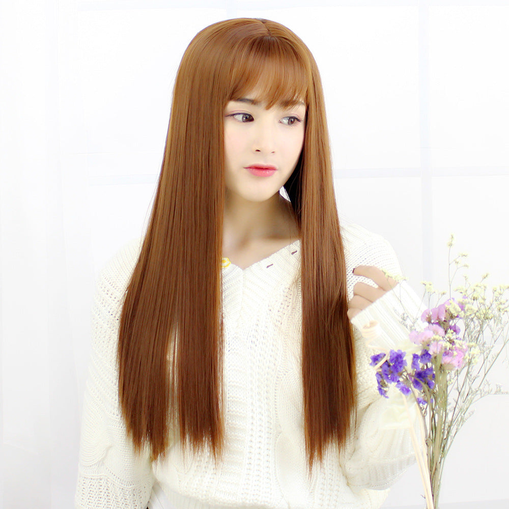 Women's Air Bangs Mid-length Face Trimming Round Hairstyle Natural Realistic Whole Long Straight Wig