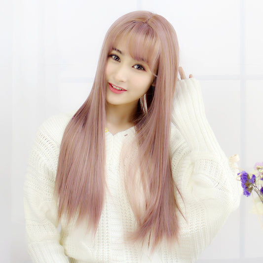 Women's Air Bangs Mid-length Face Trimming Round Hairstyle Natural Realistic Whole Long Straight Wig