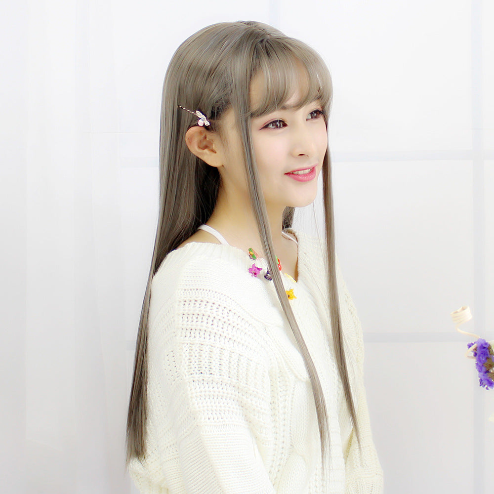 Women's Air Bangs Mid-length Face Trimming Round Hairstyle Natural Realistic Whole Long Straight Wig