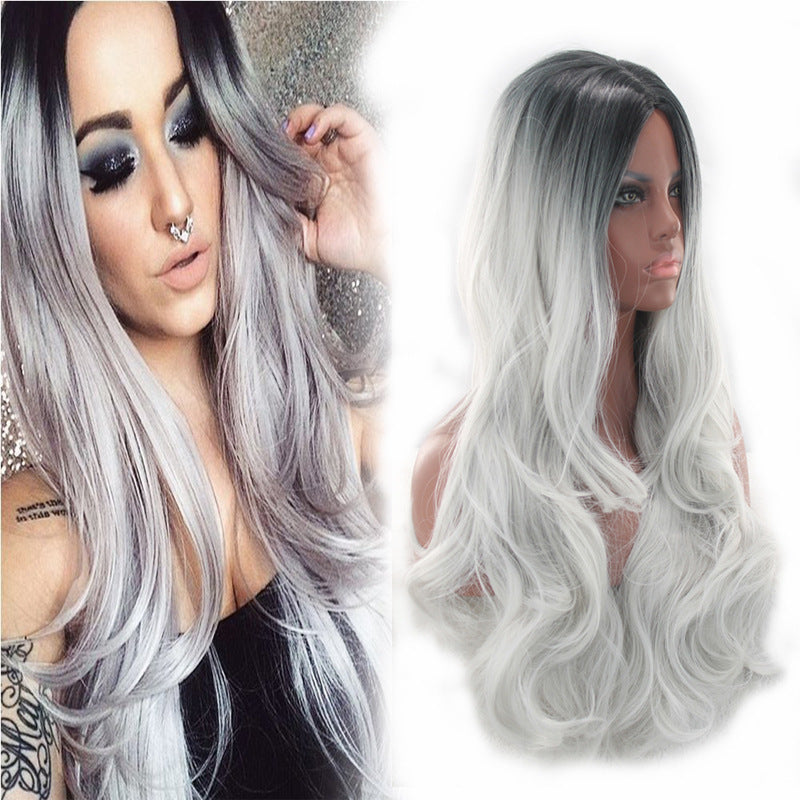 Granny Grey Medium Long Curly Hair Gradient Color Chemical Cos Wig