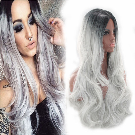 Granny Grey Medium Long Curly Hair Gradient Color Chemical Cos Wig
