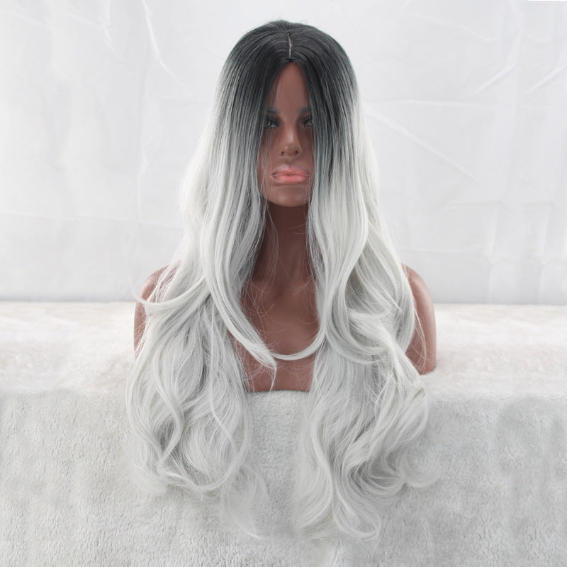 Granny Grey Medium Long Curly Hair Gradient Color Chemical Cos Wig