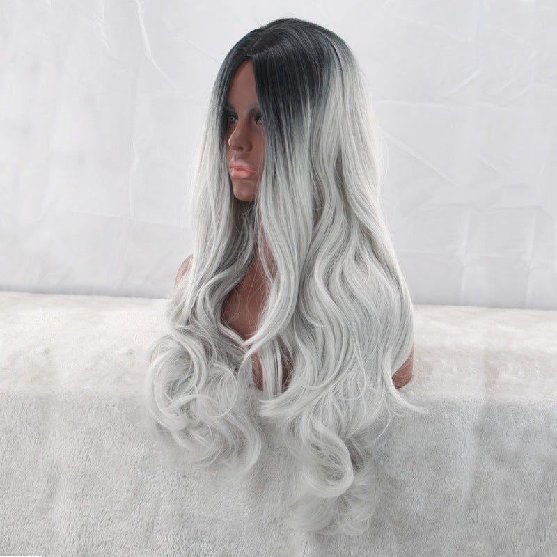 Granny Grey Medium Long Curly Hair Gradient Color Chemical Cos Wig