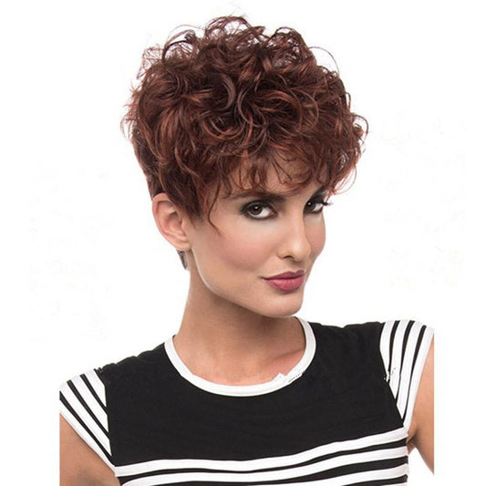 Women's Personalized Wine Red Gradient Small Curved Roll Shape Wig Short Curly Hair