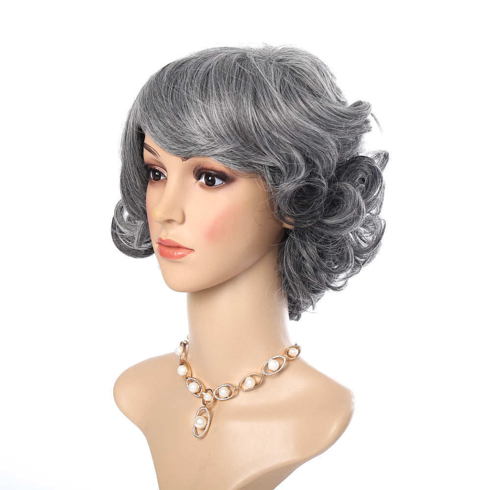 Female Qu Fluffy Sier Gray Gradient Wig Short Curly Hair