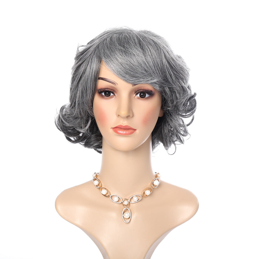 Female Qu Fluffy Sier Gray Gradient Wig Short Curly Hair