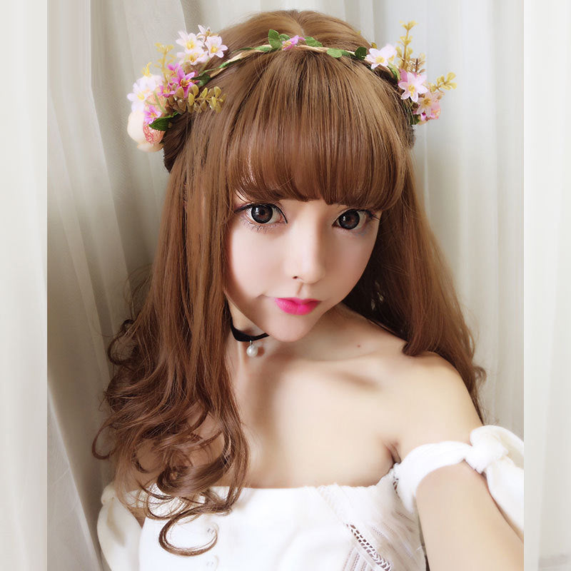 Curly Hair Round Face Air Bangs Pear Flower Head Cover Wig Long Curls