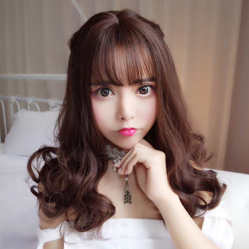 Curly Hair Round Face Air Bangs Pear Flower Head Cover Wig Long Curls