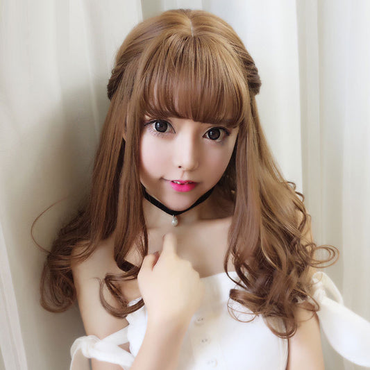 Curly Hair Round Face Air Bangs Pear Flower Head Cover Wig Long Curls
