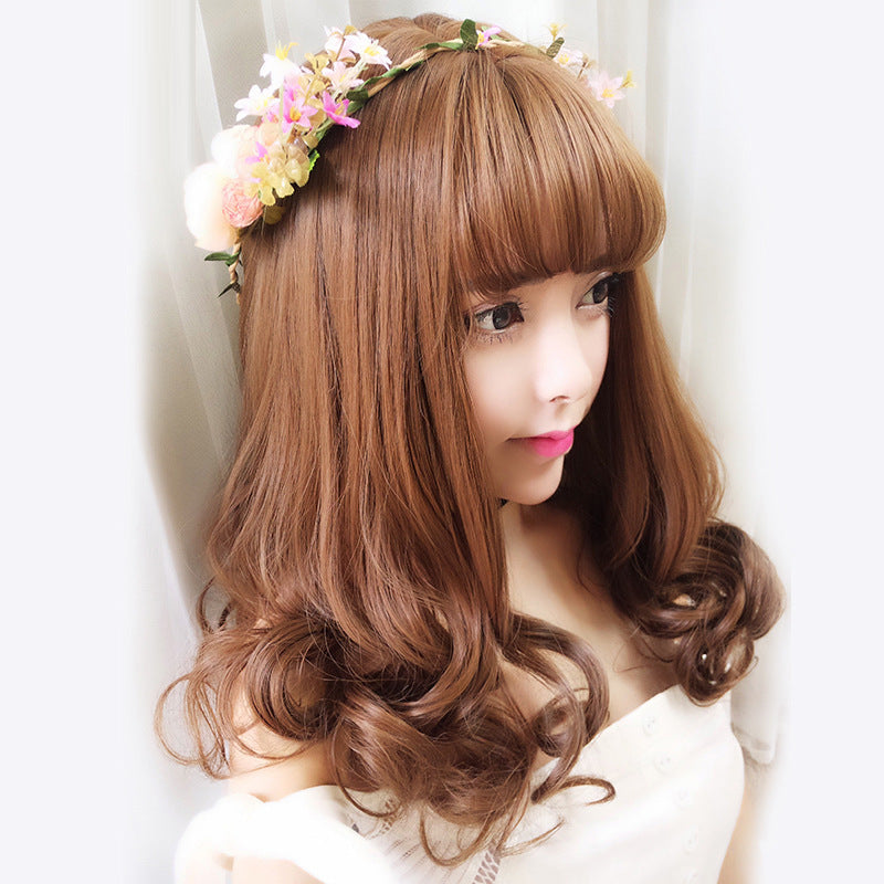 Curly Hair Round Face Air Bangs Pear Flower Head Cover Wig Long Curls