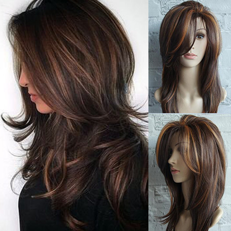 Women's Golden Brown Highlight Gradient Curly Hair Fluffy Pear Wig Long Curls