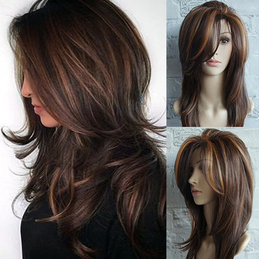 Women's Golden Brown Highlight Gradient Curly Hair Fluffy Pear Wig Long Curls