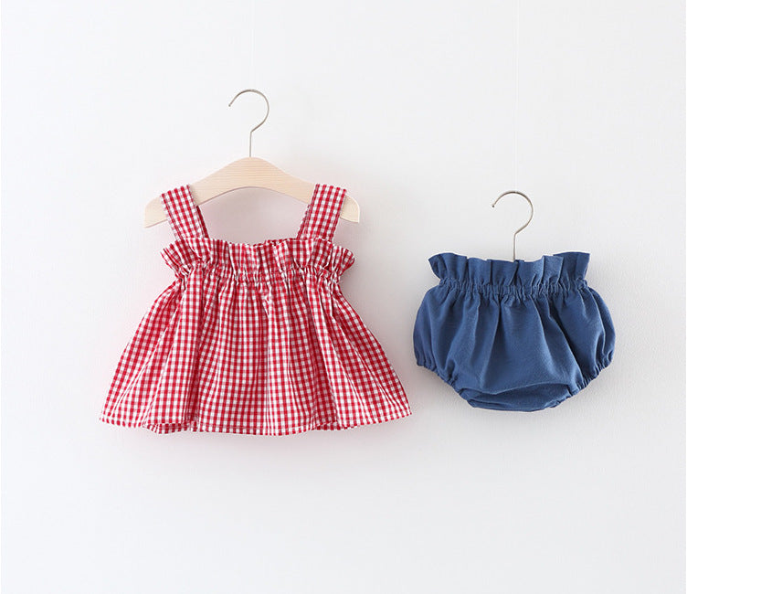 Summer Plaid Suspenders Butt Clothes Trendy Children's Suit
