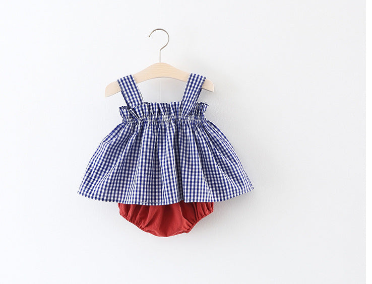 Summer Plaid Suspenders Butt Clothes Trendy Children's Suit