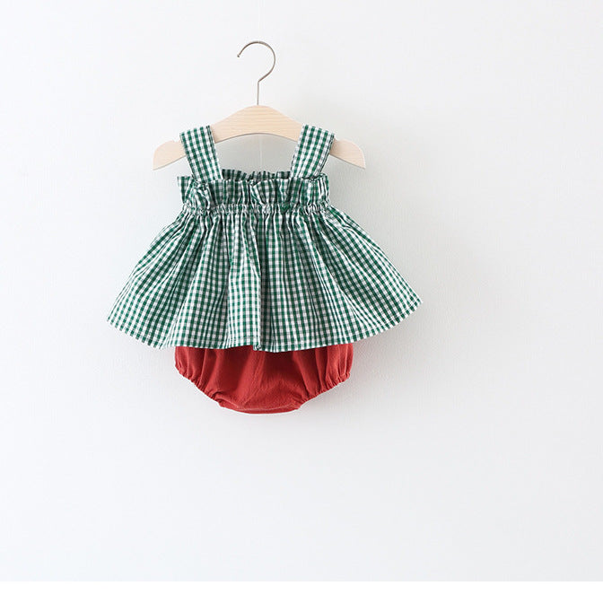 Summer Plaid Suspenders Butt Clothes Trendy Children's Suit