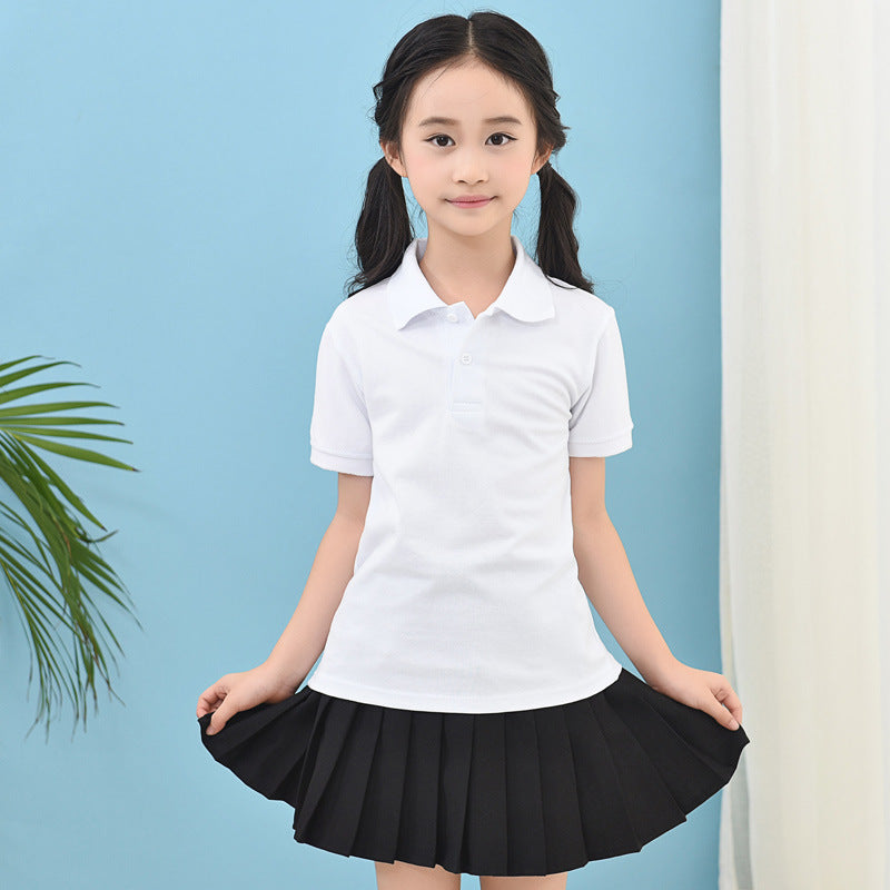 Children's White Shirt Short-sleeved Cotton Lapel Summer School Uniform Older Children's T-shirt