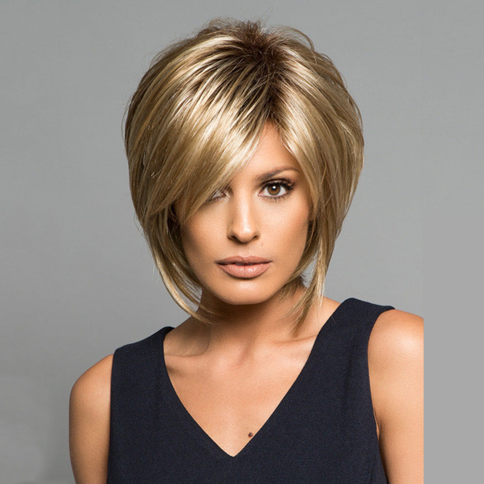 Women's Fashion Split Side Bangs Rose Net Golden Wig Short Straight Hair