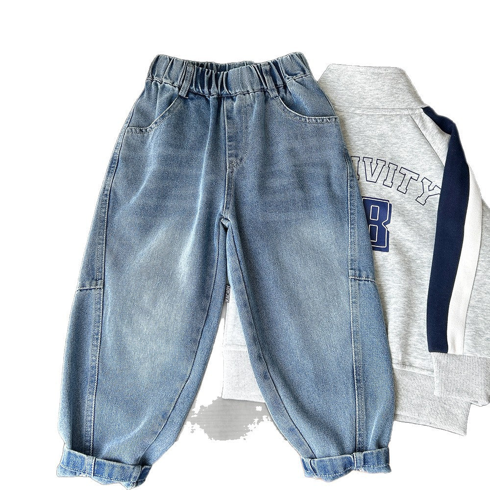 Children's Clothing Boys Trendy Stitching Wool Tassel Denim Children's Pants