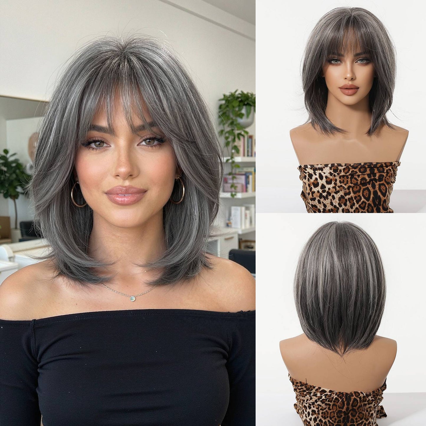 Gradient Brown Highlights Air Bangs Natural Realistic Chemical Fiber Full Wig Short Straight Hair