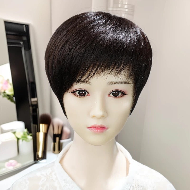 Bangs Wave Head Cover Gray Hand Woven Rotation Sheath Wig Short Straight Hair