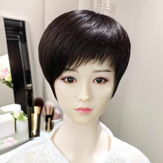 Bangs Wave Head Cover Gray Hand Woven Rotation Sheath Wig Short Straight Hair