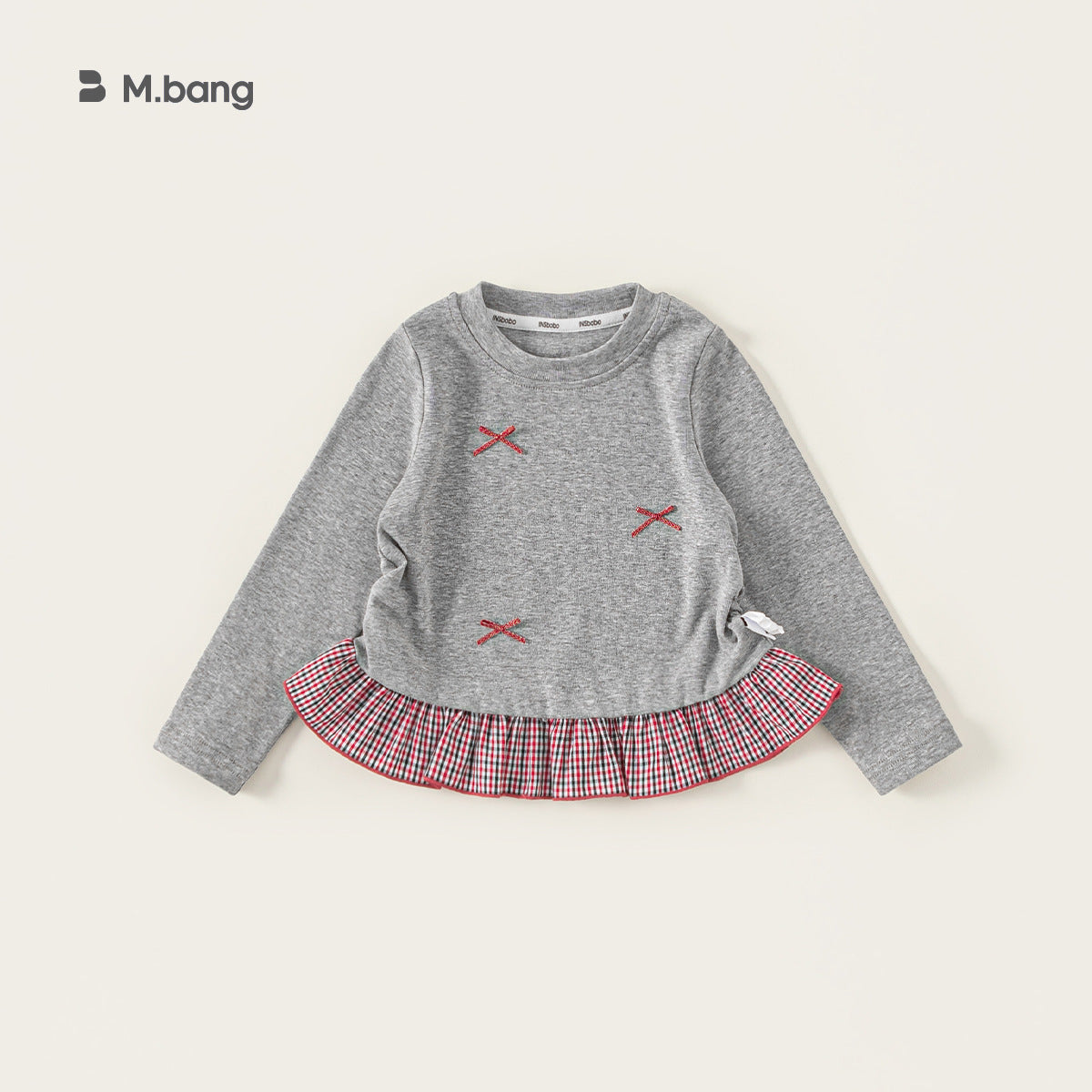 Children's Round Neck Korean Top Plaid Patchwork Clothes Bow Children's T-shirt